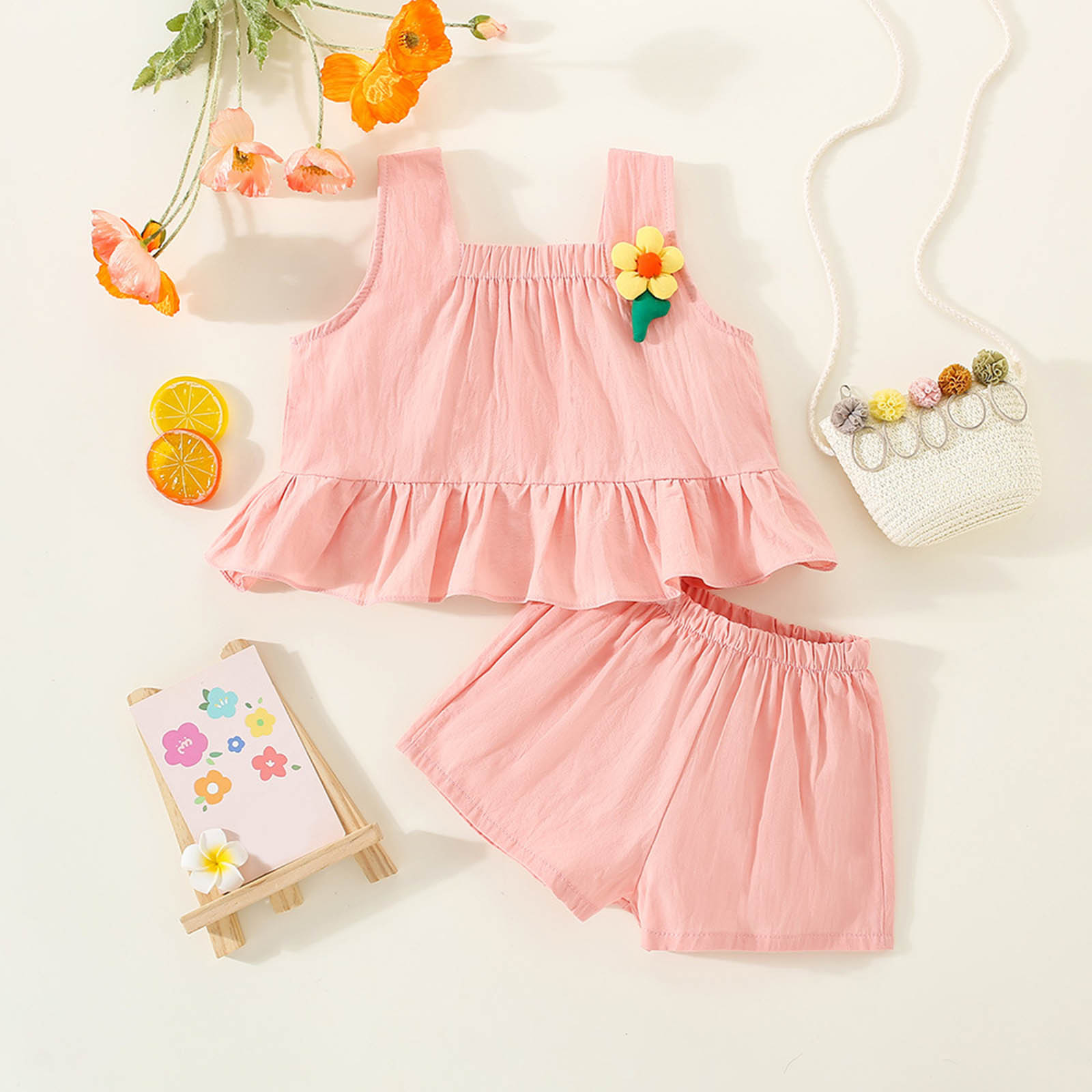 LMTODLFG Baby Girl Clothes Toddler Girls Summer Sleeveless Flower Prints Tops Vest Shorts 2pcs Outfits for Children Clothes Toddler Girl Clothes Pink 18-24 Months